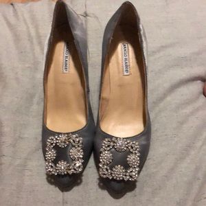 Authentic MANOLO BLAHNIK -Italy Rhinestone Gray Heeled Shoes S38